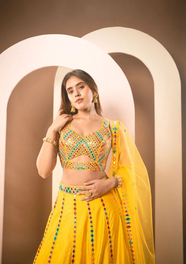 Sunshine Yellow Multicolor Thread & Mirrorwork Lehenga Set