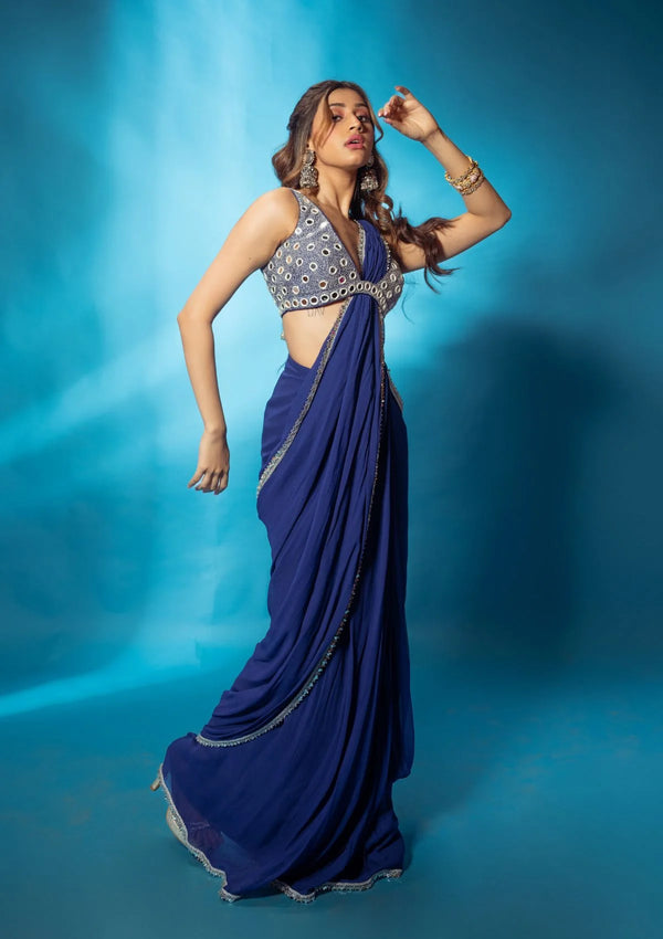 Blue Pre Stitched Saree with Mirror Work Blouse