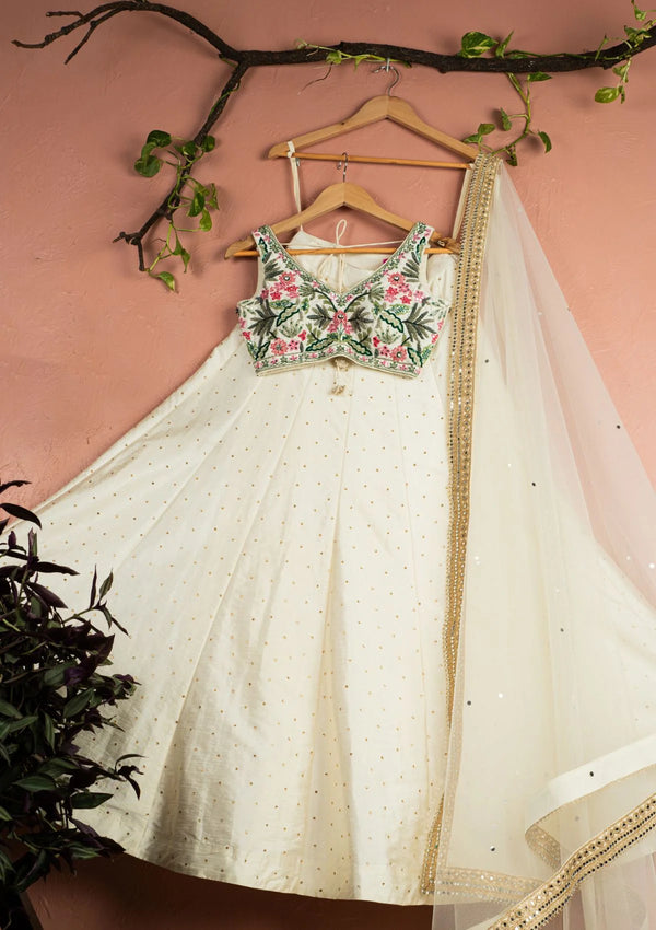 Tropical Bloom Blouse with Ivory Stonework Lehenga Set