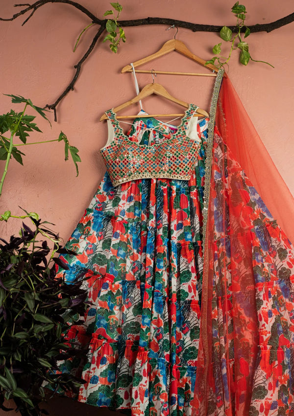 Floral Fiesta Layered Lehenga with Kaleidoscope Mirrorwork Blouse Set