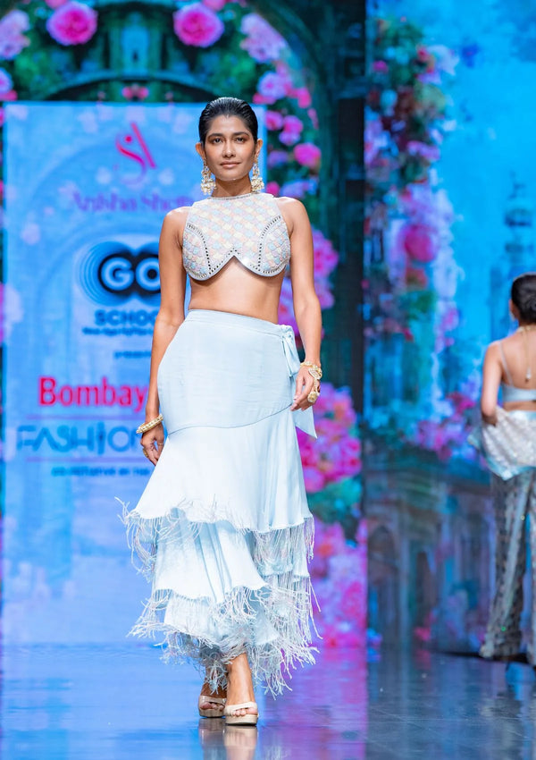 Urban Victoria Tiered Skirt with Scallop Blouse in Moonlight Blue