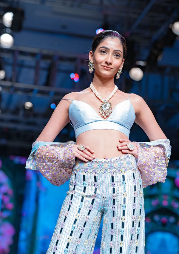 The Kaleidoscopic Bomer Jacket with Pants in Moonlight Blue