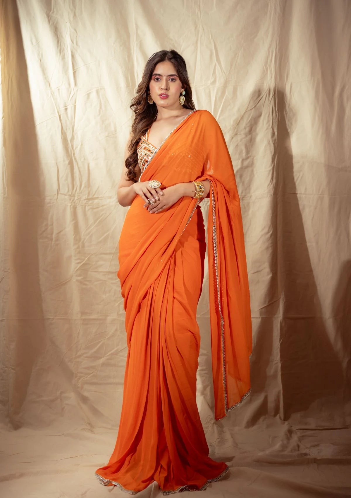 Orange Prestitched Saree