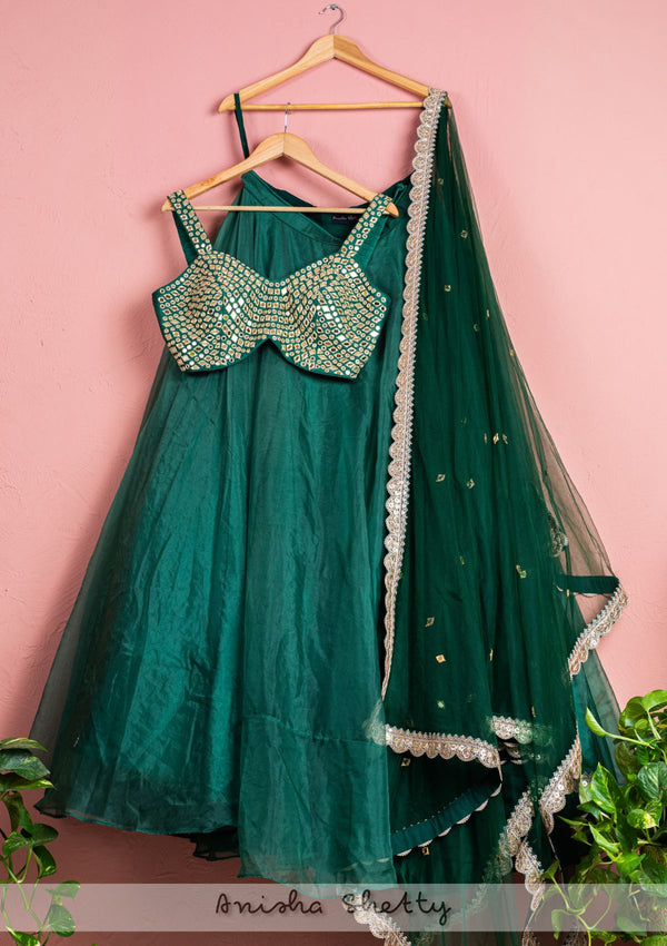 Forest Green Mirror Blouse With Plain Lehenga & Dupatta