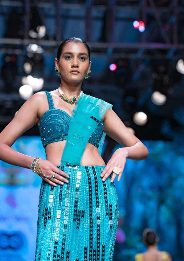 The Dawn Prestitched Saree in Teal Blue