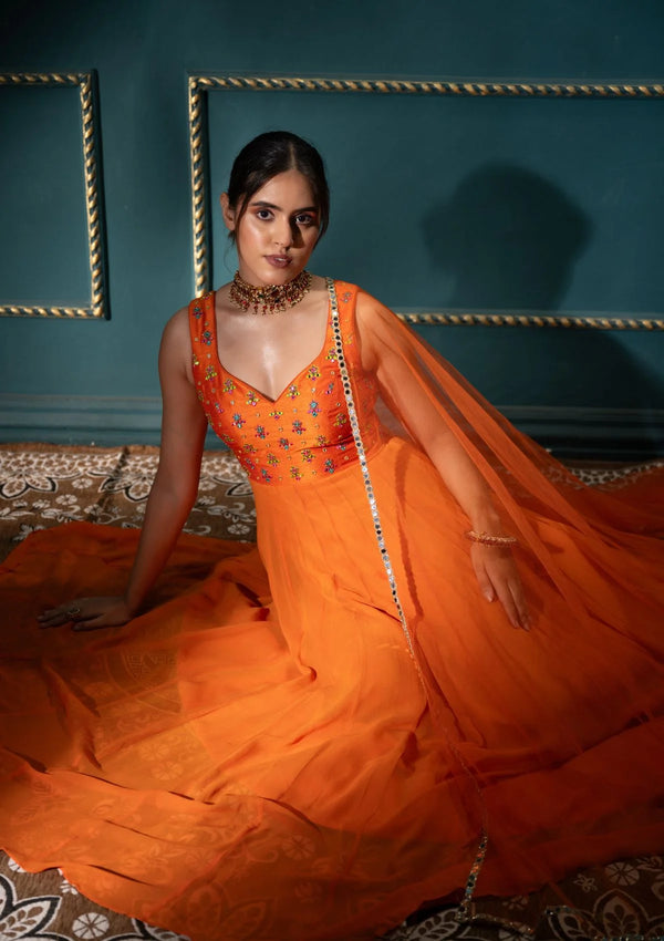 Orange Anarkali with Multicolor Work