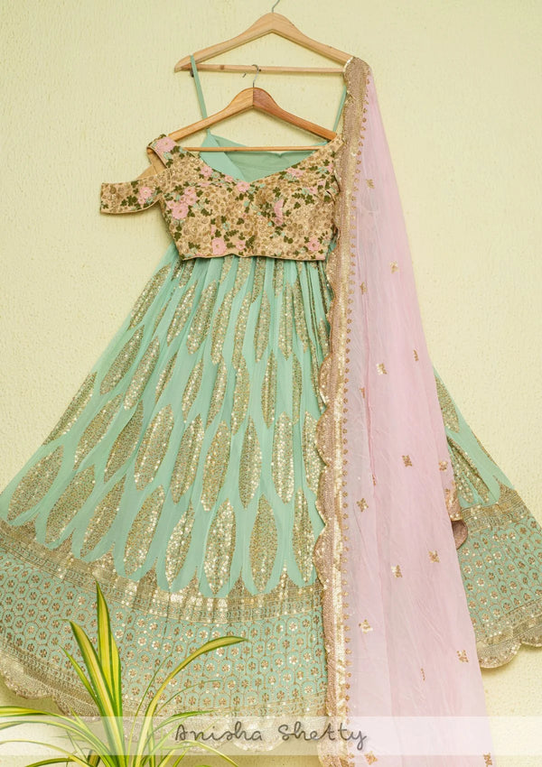 Mint Green Sequin Lehenga with Oyster Floral Blouse & Pink Dupatta