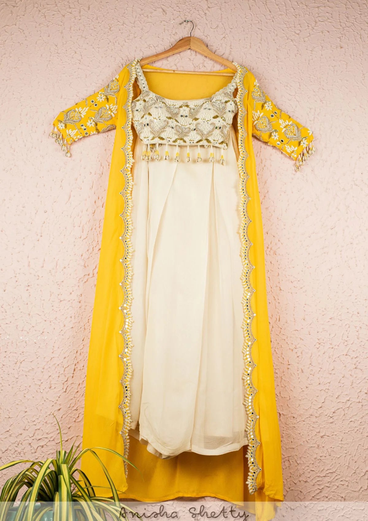 Ivory Blouse And Pleated Pallazo With Yellow Embroidered Cape