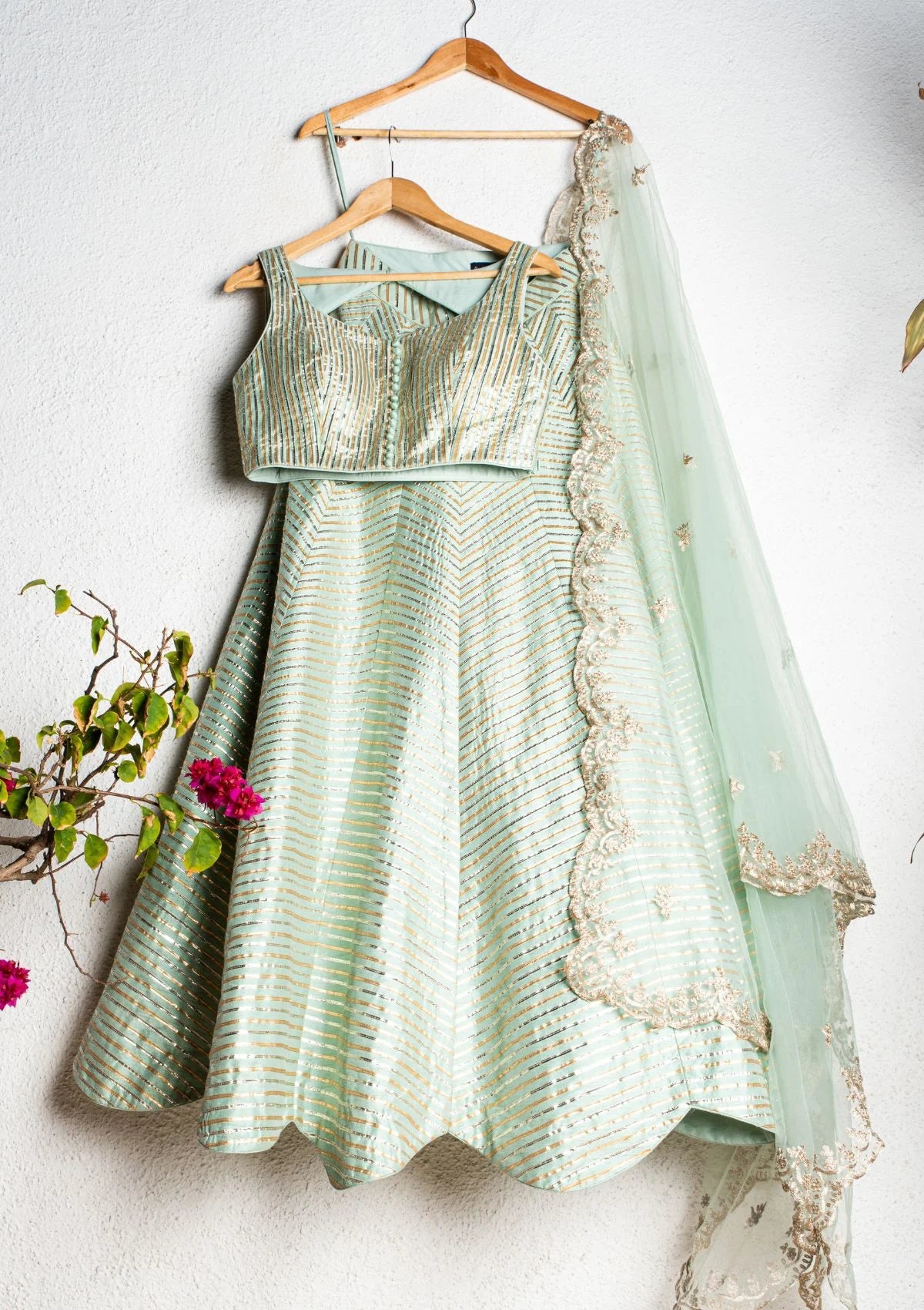 Glacial Green Gota Patti Lehenga Set With Embroidere Dupatta