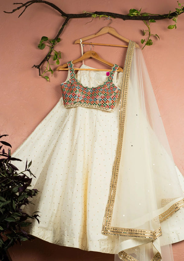 Ivory Kaleidoscope Dream Blouse with Ivory Stonework Lehenga & Ivory Dupatta