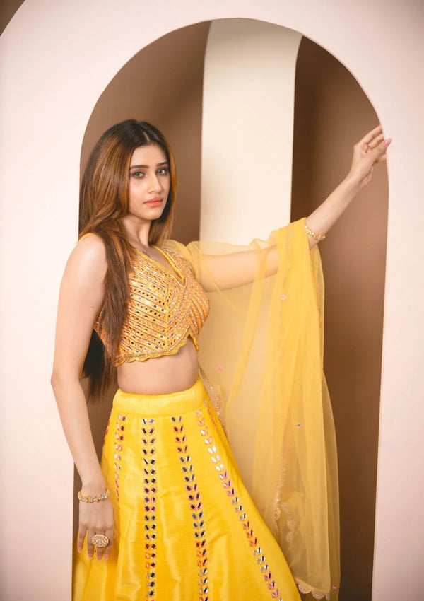 Sunflower Yellow Colored Mirrorwork Lehenga Set