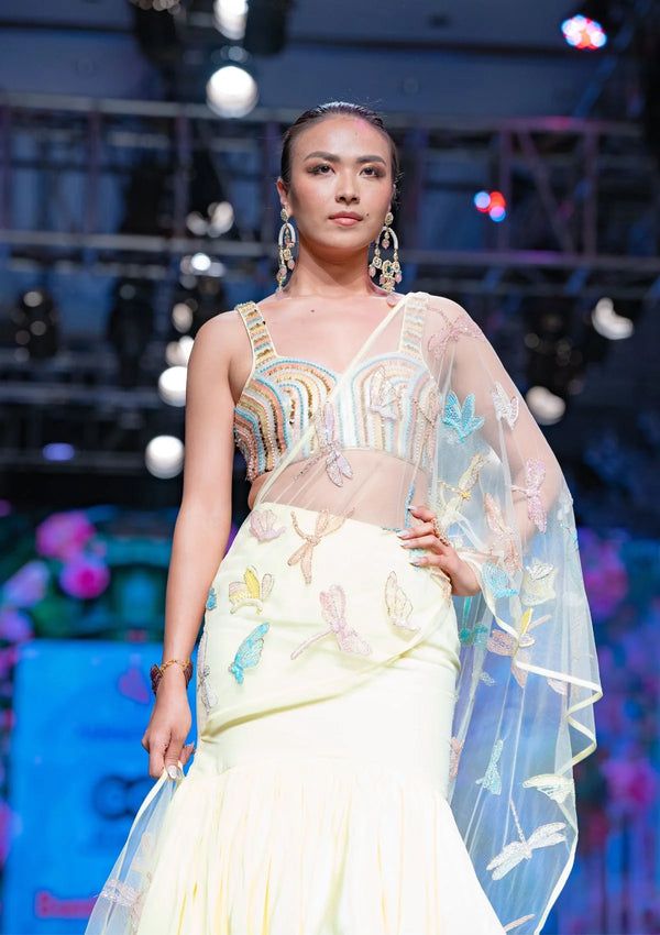 Dragonfly Tiered Saree in Champagne Yellow