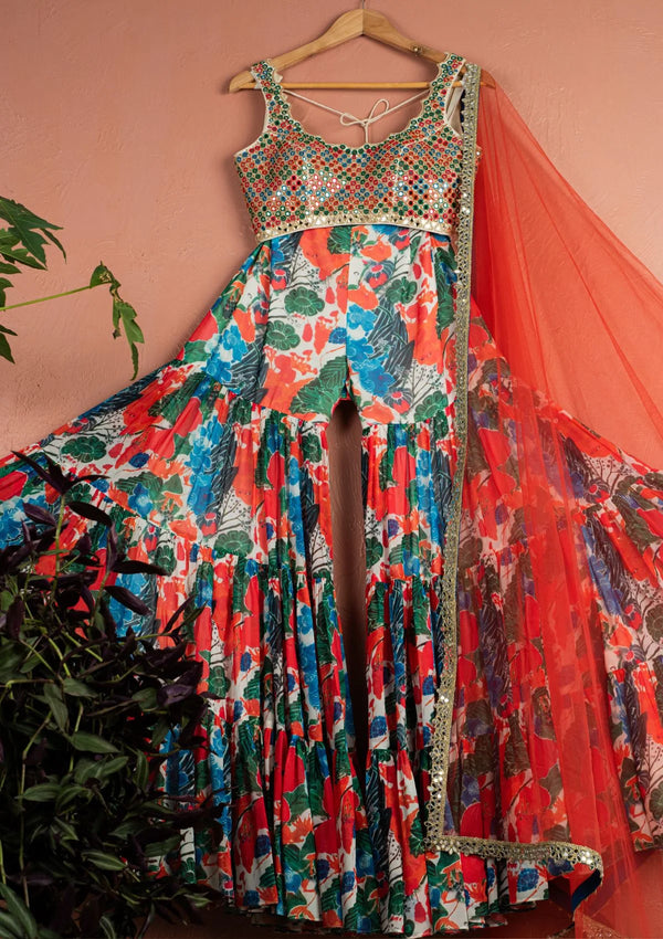Floral Fiesta Sharara with Kaleidoscope Mirrorwork Blouse Set