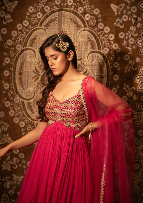 Raspberry Pink Mirrorwork Anarkali with Mirrorwork Dupatta
