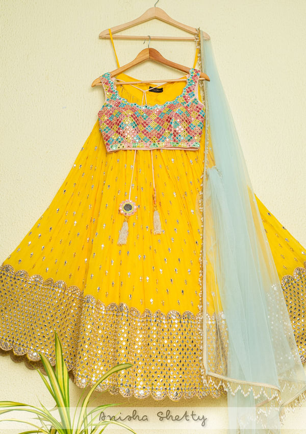 Pineapple Yellow Lehenga With Multicolor Mirrorwork Blouse & Aqua Blue Dupatta