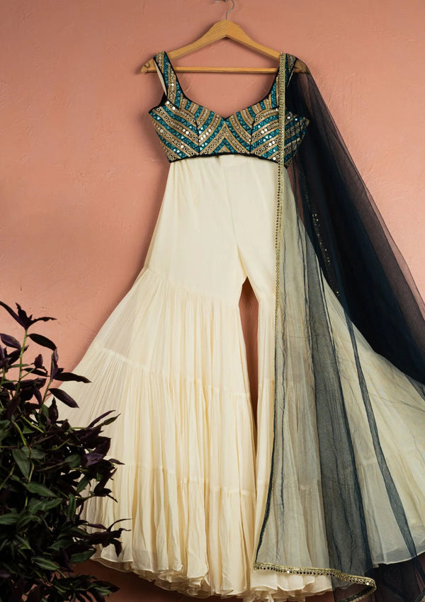 Ivory Midnight Blue Mirror Magic Sharara Set