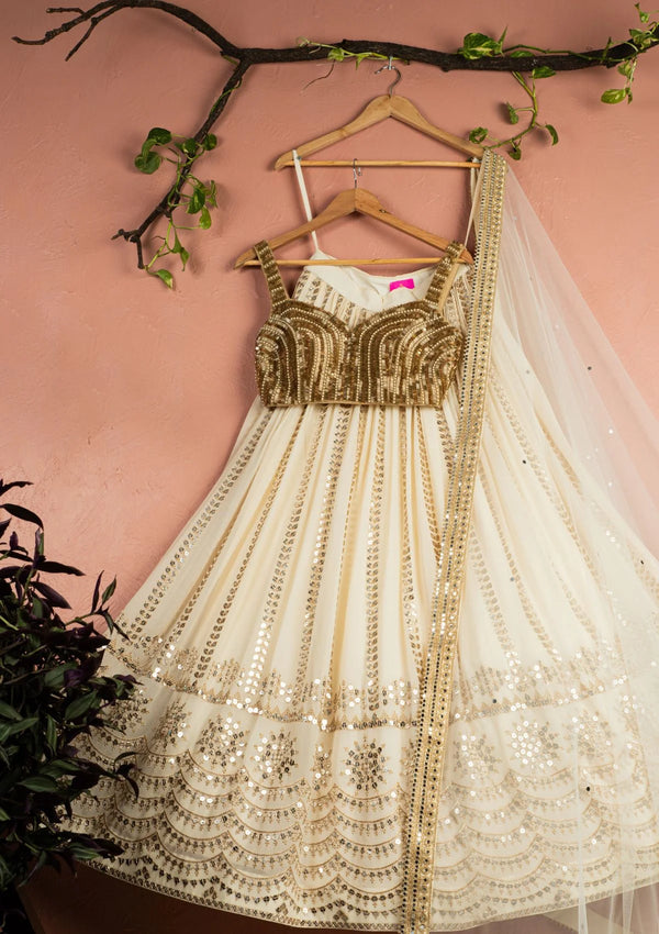 Ivory Sequin Starlight Lehenga with Gold Blouse & Ivory Dupatta