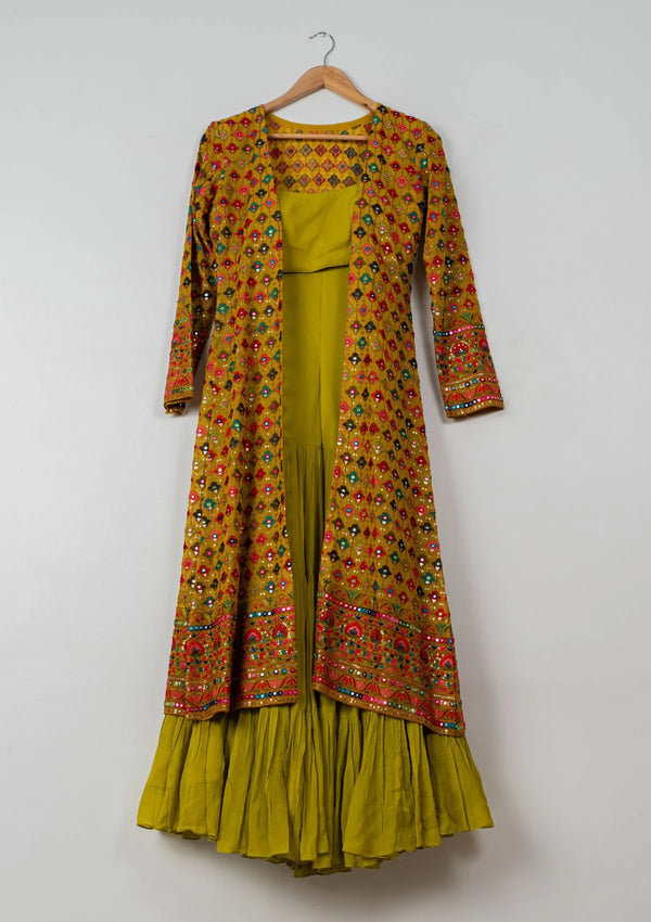 Chartreuse Green Sharara with Yellow Multicolor Jacket