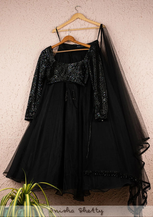 Jade Black Organza Lehenga With Full Sleeve Sequence Blouse And Tassel Dupatta