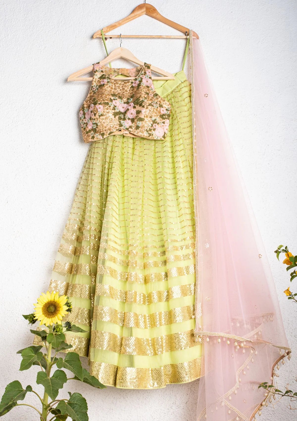 Lemon Green Lehenga With Oyster Floral Blouse & Pink Dupatta