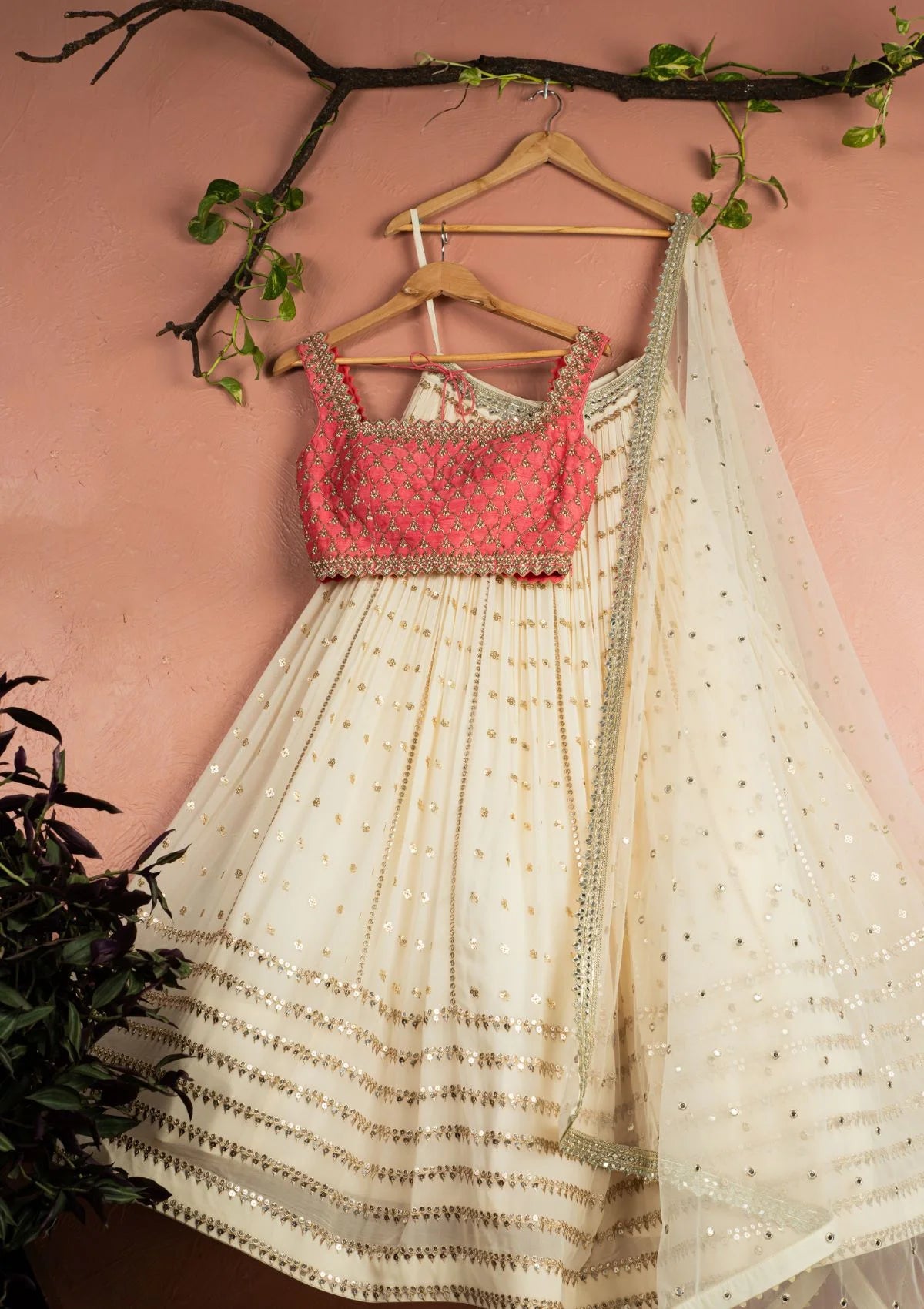 Ivory Radiant Sequin Lehenga with Pink Zardosi Blouse Set