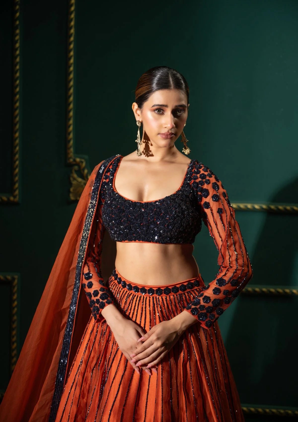 Rust Orange Sequin Lehenga Set