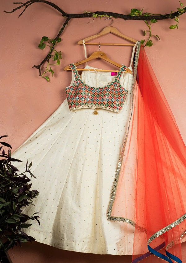 Ivory Kaleidoscope Dream Blouse with Ivory Stonework Lehenga & Red Dupatta