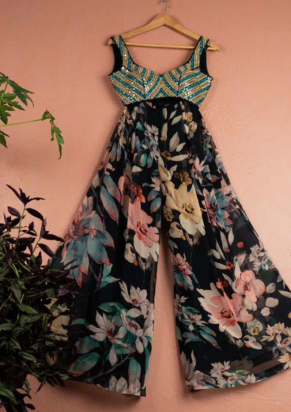 Midnight Blue Floral Blossom Palazzo Pant with Jacket Set