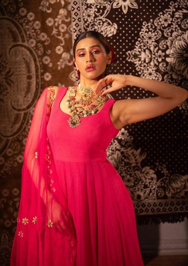 Raspberry Pink Anarkali with Scallop Gota & Mirrorwork Dupatta