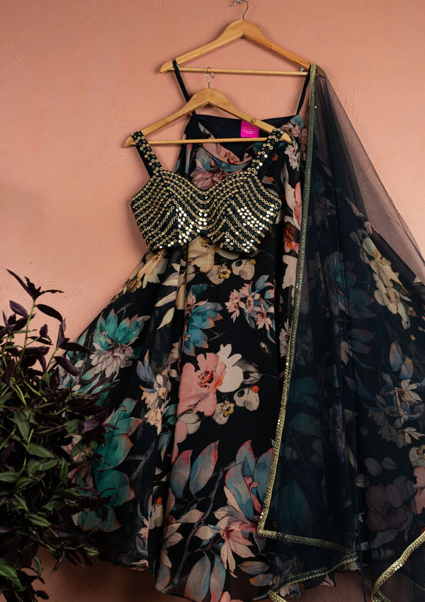 Midnight Blue Floral Blossom Lehenga with Gold & Blue Mirror Work Blouse Set