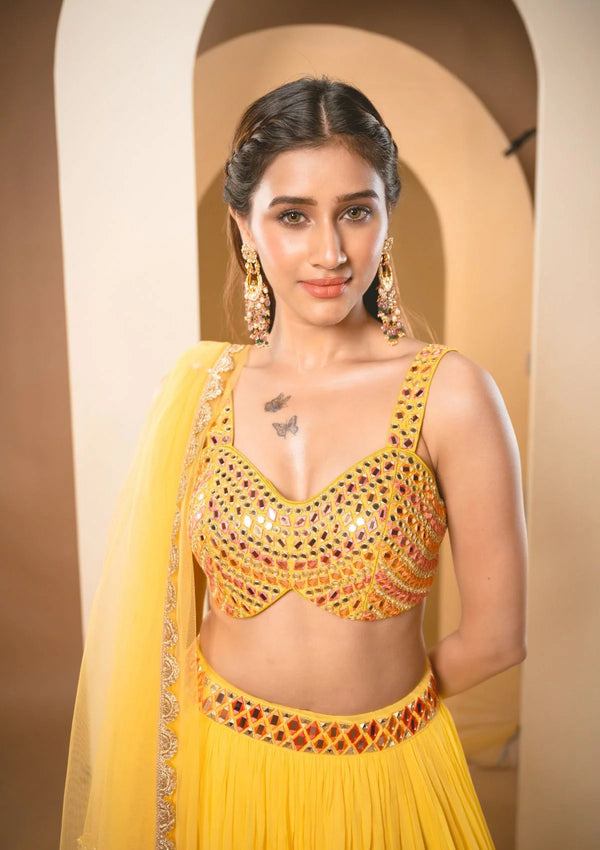 Bumblebee Yellow Lehenga with Colored Blouse