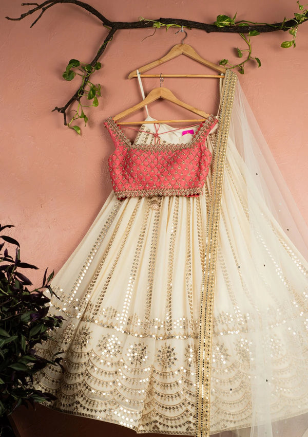 Ivory Sequin Starlight Lehenga with Pink Zardosi Blouse Set