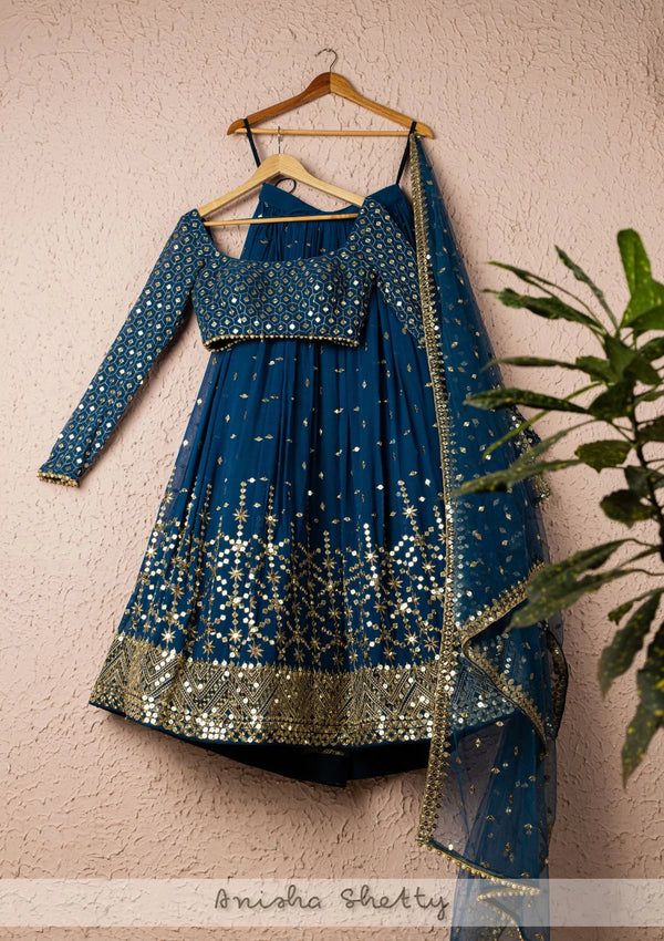 Prussian Blue And Gold Lehenga Set