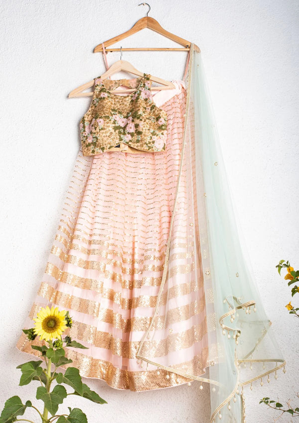 Rose Pink Lehenga With Oyster Floral Blouse And Mint Blue Dupatta
