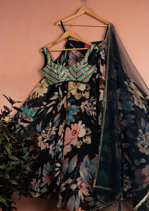 Midnight Blue Floral Blossom Lehenga with Blue & Gold Mirrorwork Blouse Set