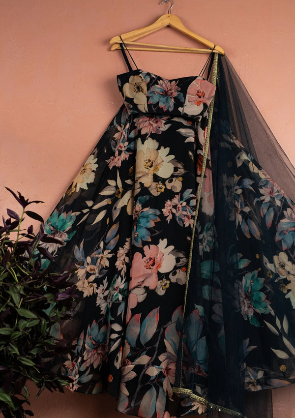 Midnight Blue Floral Blossom Lehenga Set