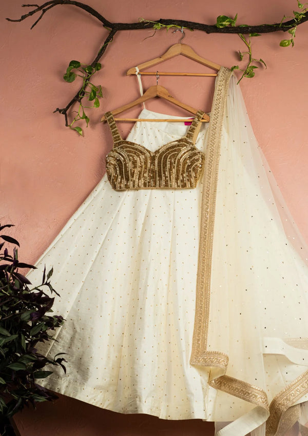 Ivory Stonework Lehenga with Gold Sequin Blouse Set