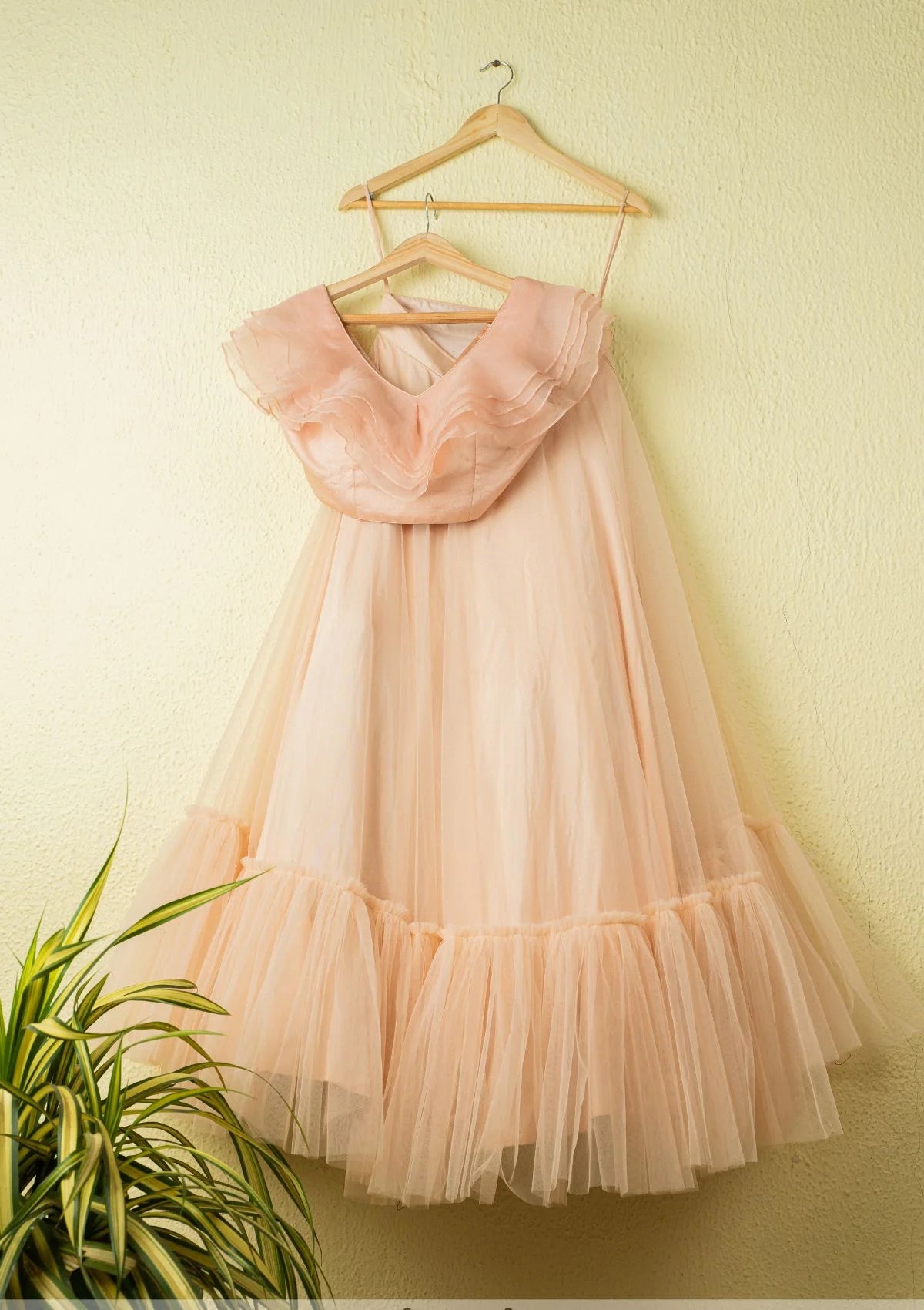 Salmon Pink Tirered Lehenga With Salmon Pink Ruffle Blouse With Salmon Pink Ruffle Dupatta