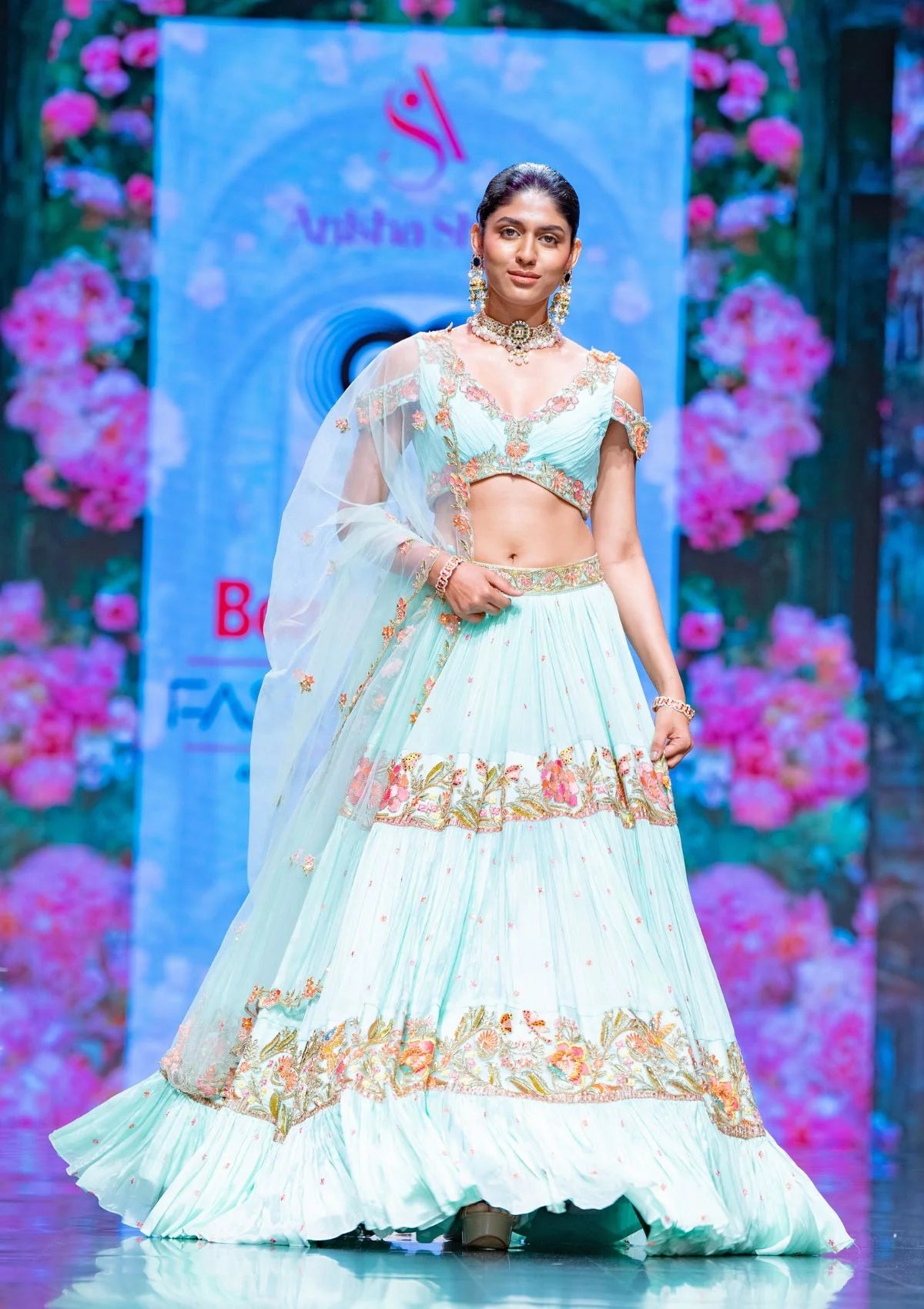 The Hummingbird Gardenia Tiered Lehenga Set In Aqua Green