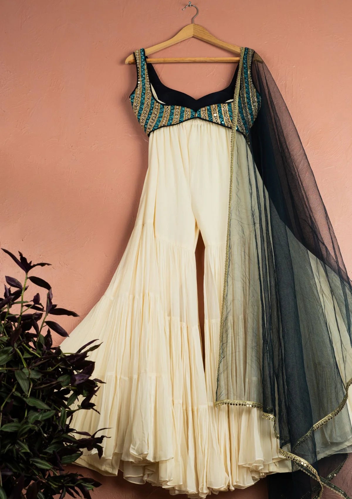 Ivory Midnight Blue Mirror Magic Sharara Set