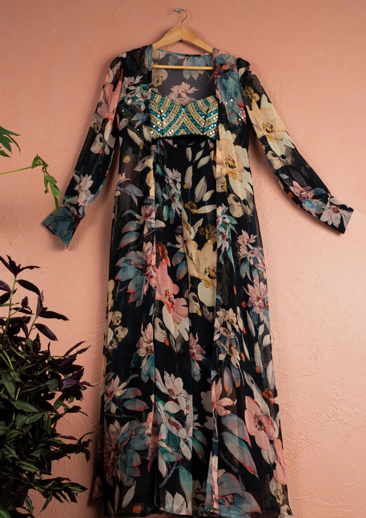 Midnight Blue Floral Blossom Palazzo Pant with Jacket Set