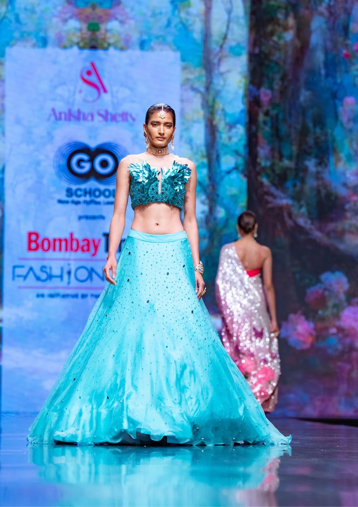 The Dawn Lehenga And Metalic Feather Sequence Crop Top Set In Teal Blue