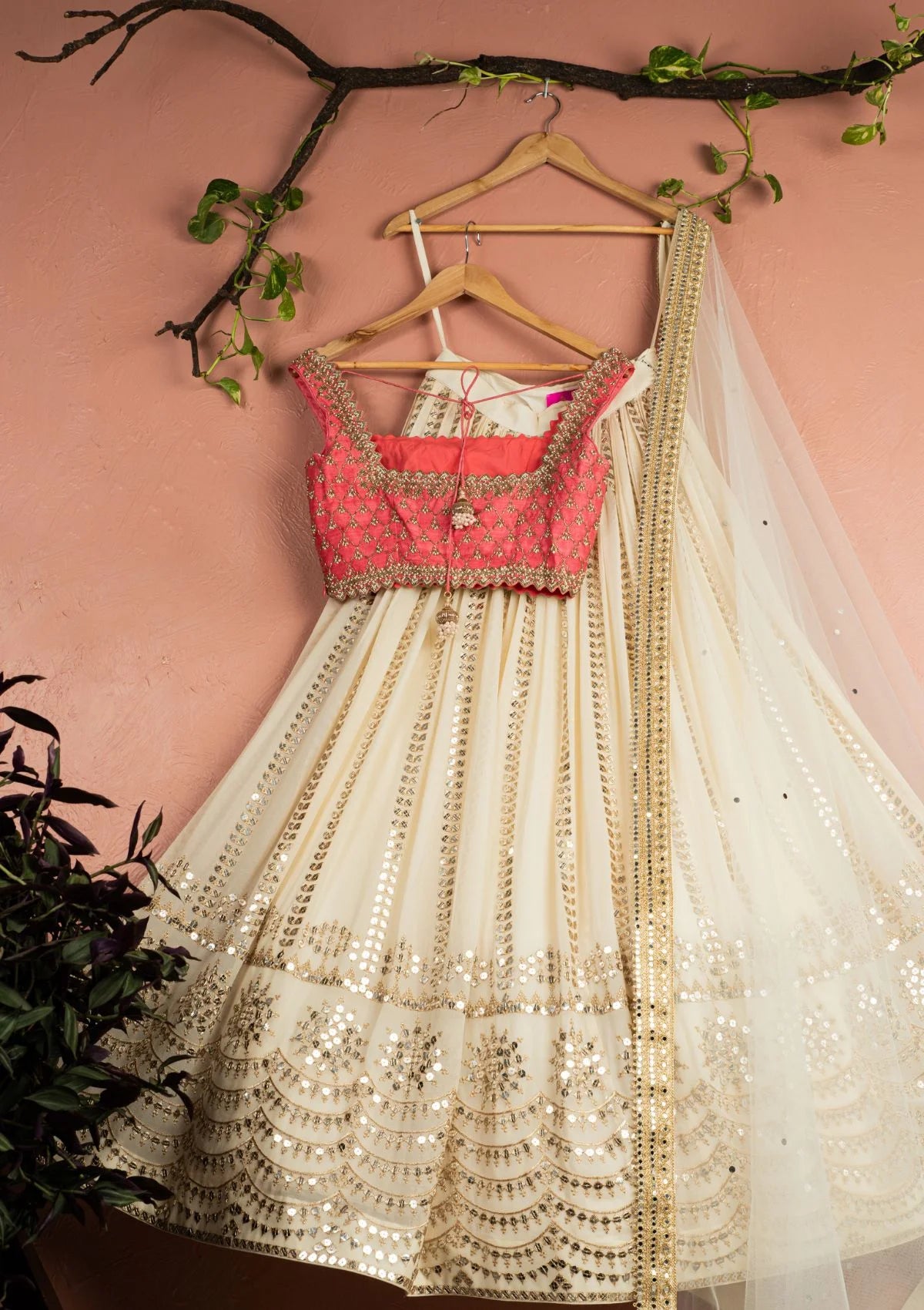 Ivory Sequin Starlight Lehenga with Pink Zardosi Blouse Set