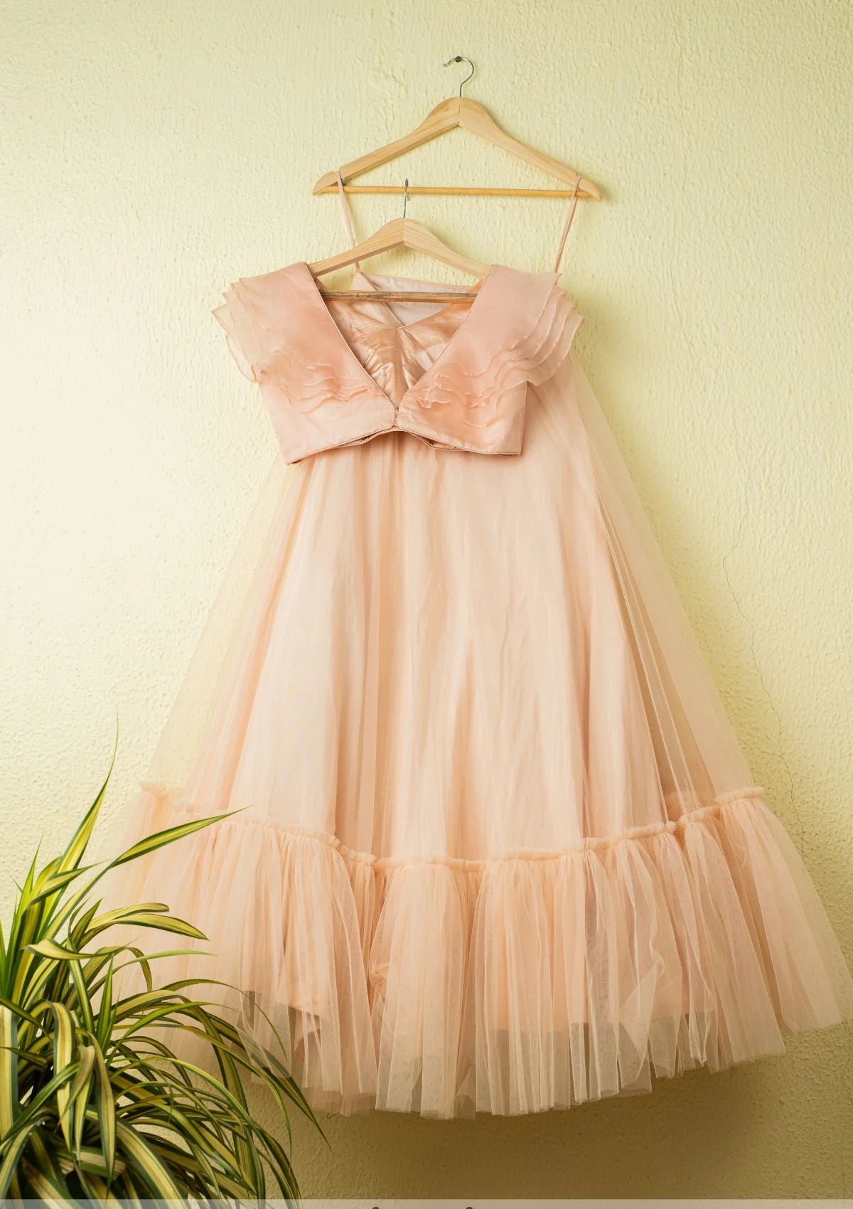 Salmon Pink Tirered Lehenga With Salmon Pink Ruffle Blouse With Salmon Pink Ruffle Dupatta