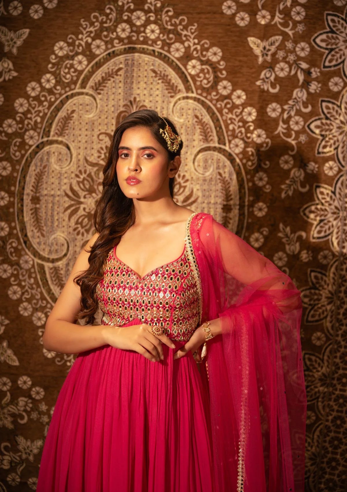 Raspberry Pink Mirrorwork Anarkali with Mirrorwork Dupatta