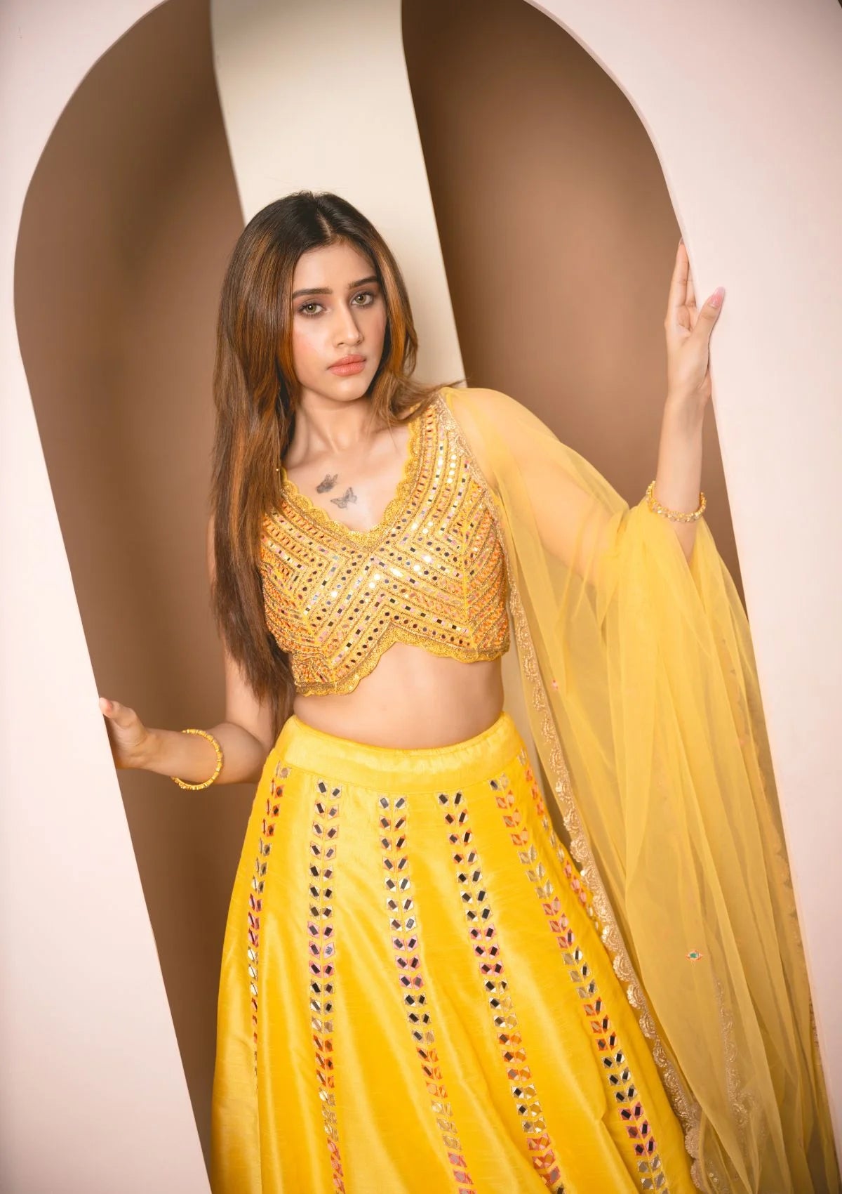 Sunflower Yellow Colored Mirrorwork Lehenga Set