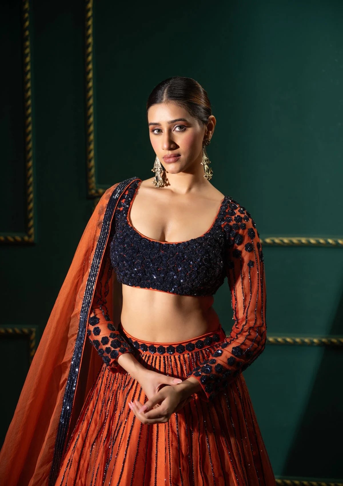 Rust Orange Sequin Lehenga Set