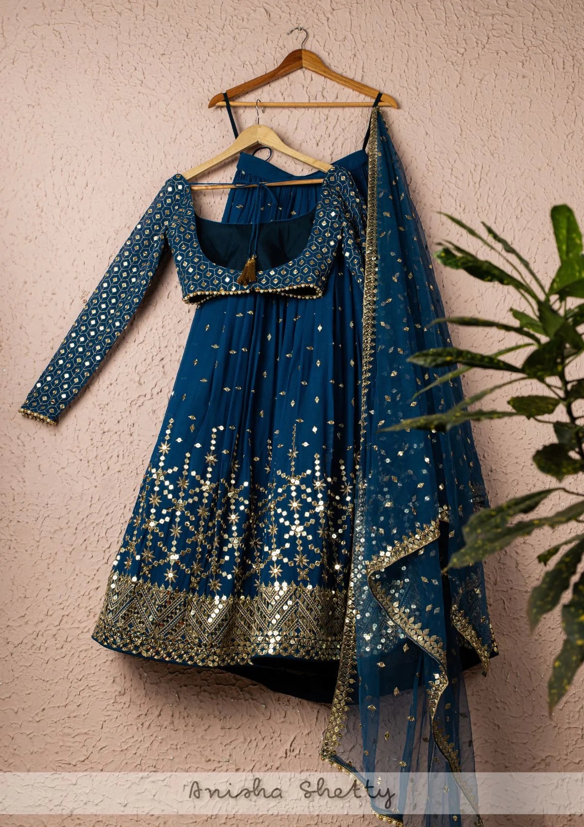 Prussian Blue And Gold Lehenga Set