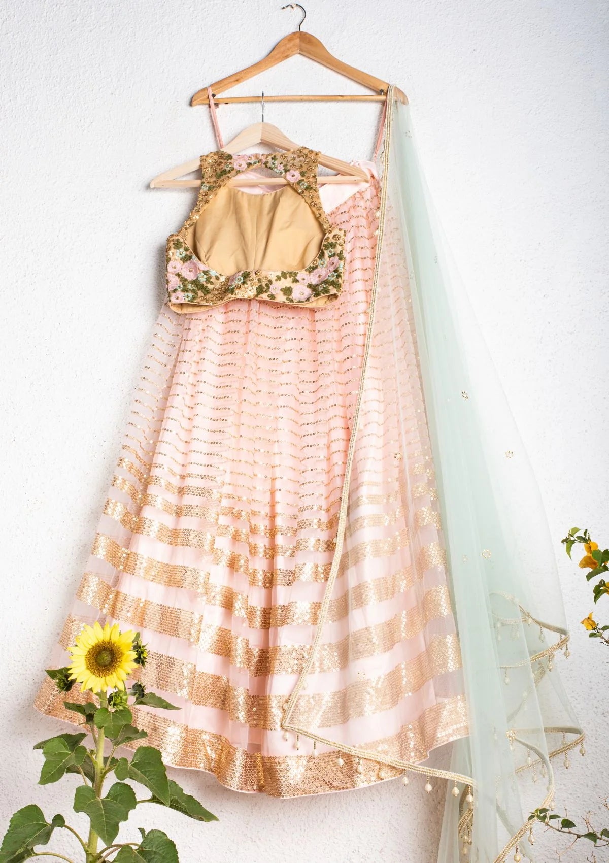Rose Pink Lehenga With Oyster Floral Blouse And Mint Blue Dupatta