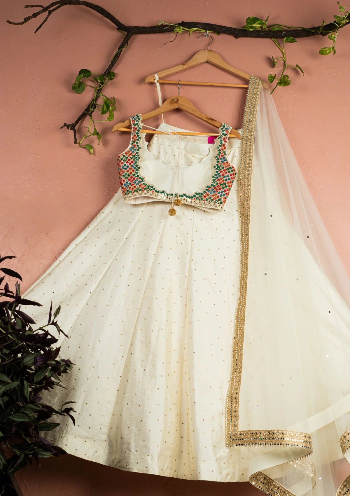 Ivory Kaleidoscope Dream Blouse with Ivory Stonework Lehenga & Ivory Dupatta